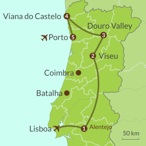 Detailed map of PO14 Wine Regions of Portugal Tour