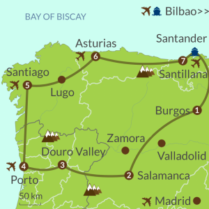 Detailed map of PO7 Santander to Porto Circular Tour