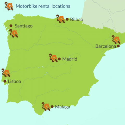 Map of motorbike rental locations in Spain and Portugal