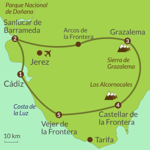 Map of tour of Cadiz Province